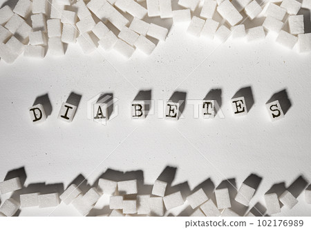 Diabetes word on refined white sugar cubes, pieces. Excessive consumption, sweet addiction concept Diabetes word on refined white sugar cubes, pieces. Excessive consumption, sweet addiction concept 102176989