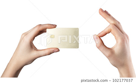 Bank card mockup in hand. Blank credit plastic card with chip, OK gesture isolated on white background 102177037