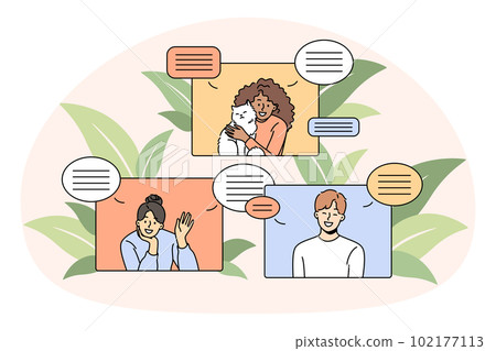 Smiling diverse people communicate online on gadget 102177113