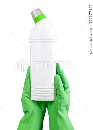 Detergent bottle mockup, blank clean package of liquid toilet gel in hand in gloves isolated on white background 102177163