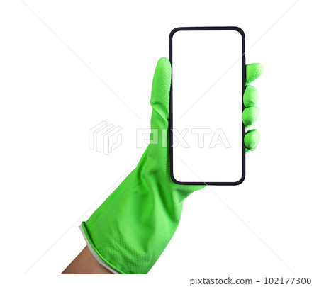 Cleaners hand in rubber glove holding mobile phone mockup, screen frame, smartphone mock up isolated on white background 102177300