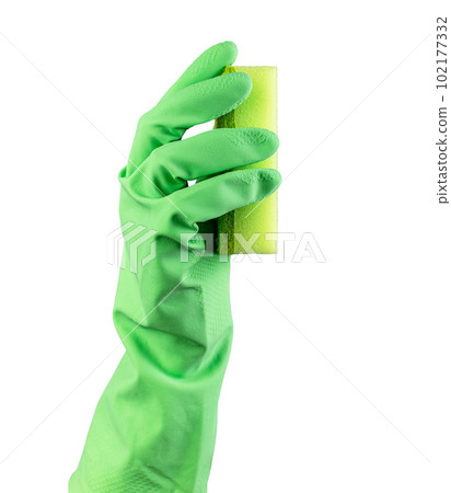 Hand in glove holding washing cleaning sponge, side view, isolated on white background Hand in glove holding washing cleaning sponge, side view, isolated on white background 102177332