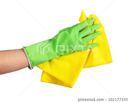 Hand in glove wiping, cleaning, polishing with microfiber cloth isolated on white Hand in glove wiping, cleaning, polishing with microfiber cloth isolated on white 102177335