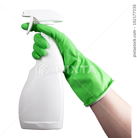 Hand in green glove holding spray bottle mockup, liquid chemical in blank package mock up isolated on white background 102177338