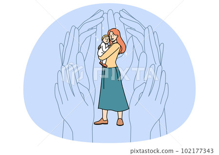 Huge hands protect single mom holding baby Huge hands protect single mom holding baby 102177343