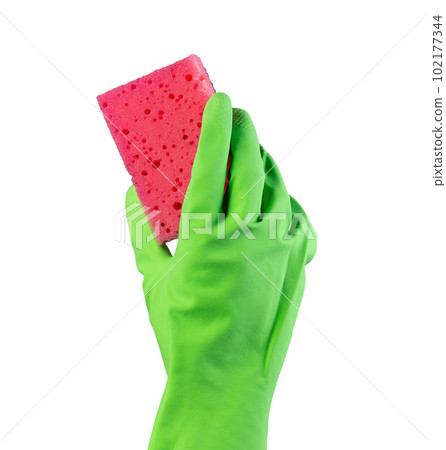 Hand in rubber glove holding washing sponge for cleaning isolated on white background 102177344