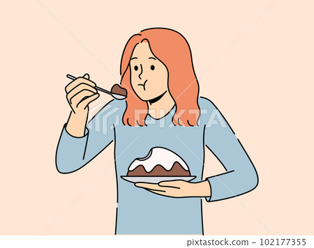 Woman feel guilty eating cake Woman feel guilty eating cake 102177355