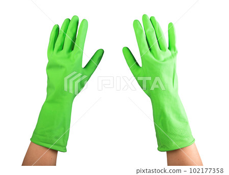 Hands of cleaner in green rubber protective gloves isolated on white background Hands of cleaner in green rubber protective gloves isolated on white background 102177358