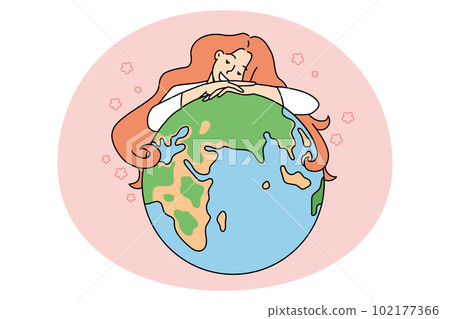 Woman hug planet earth showing love and care Woman hug planet earth showing love and care 102177366