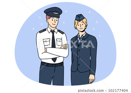 Professional airplane crew in uniform posing together 102177404