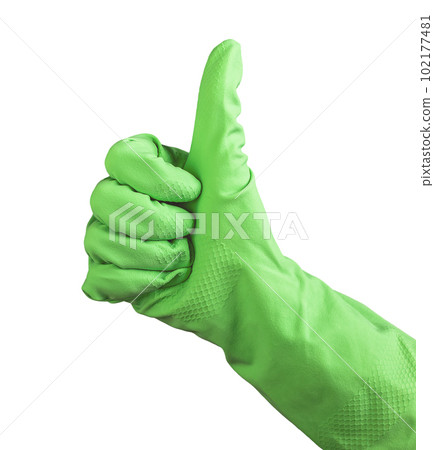 Thumb up gesture of cleaner hand. Ok sign, thumbup of green rubber glove isolated on white 102177481