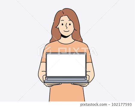Smiling woman with open mockup laptop  102177593