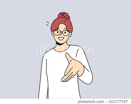 Smiling woman stretch hand for handshake  102177597