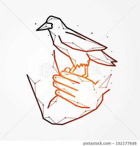 Hand and raven abstract art. Polygonal vector illustration of a bird sitting on a hand. 102177686