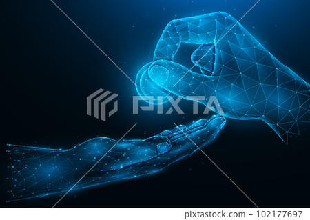 Polygonal vector illustration of a hand giving money to a husband. The concept of borrowing, paying, charity, or investing. Polygonal vector illustration of a hand giving money to a husband. The concept of borrowing, paying, charity, or investing. 102177697