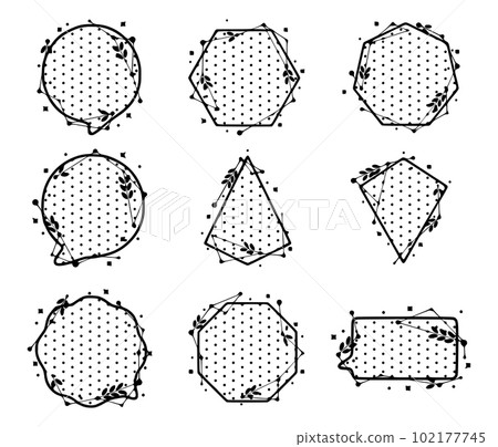 Geometric frames and speech bubbles with leaves made from lines and dots. Vector set of shapes clip art. Geometric frames and speech bubbles with leaves made from lines and dots. Vector set of shapes clip art. 102177745