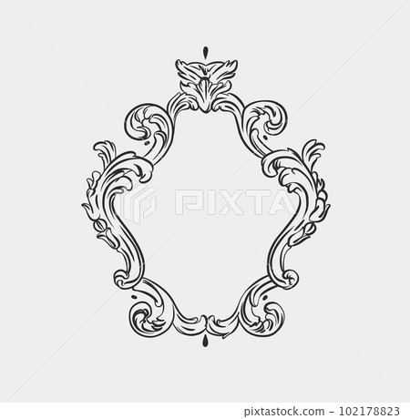 Hand drawn vector abstract outline,graphic,line art vintage baroque ornament floral frame in minimalistic modern style.Baroque floral vintage outline design concept.Vector antique frame isolated. Hand drawn vector abstract outline,graphic,line art vintage baroque ornament floral frame in minimalistic modern style.Baroque floral vintage outline design concept.Vector antique frame isolated. 102178823