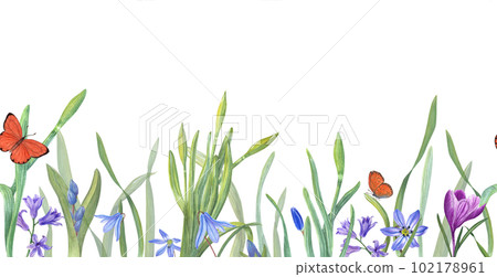 Floral seamless horizontal border with scillas, daffodils, hyacinths, crocuses, butterflies isolated on white background. Panoramic spring illustration for fabric, textile, wrapping, banners, covers. 102178961