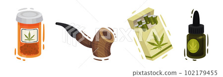 Cannabis Product with Oil, Medicine, Cigarette Pack and Smoking Pipe Vector Set Cannabis Product with Oil, Medicine, Cigarette Pack and Smoking Pipe Vector Set 102179455