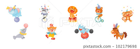 Amusing Circus Animal Performing Trick and Stunt Vector Illustration Set Amusing Circus Animal Performing Trick and Stunt Vector Illustration Set 102179698