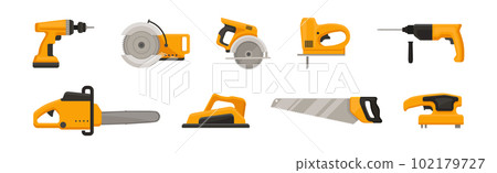 Yellow Power Tools for Carpentry Work Vector Set 102179727