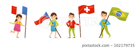 Little Boy and Girl Holding National Flags of Different Countries Waving on Pole Vector Set 102179735