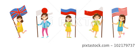 Little Girl Holding National Flags of Different Countries Waving on Pole Vector Set 102179737