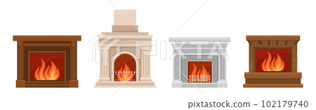 Metal and Stone Fireplace or Hearth with Mantelpiece and Burning Fire Vector Set 102179740