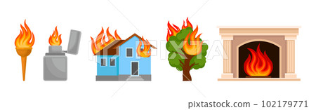 Flaming and Burning Objects with House and Tree on Fire Vector Set 102179771