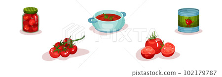 Red Tomato Product with Soup in Bowl, Can and Crop Vector Set Red Tomato Product with Soup in Bowl, Can and Crop Vector Set 102179787