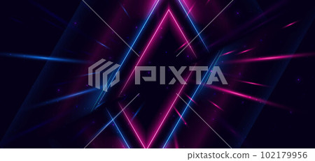 Abstract technology futuristic neon triangle glowing blue and pink light lines with speed motion blur effect on dark blue background. Abstract technology futuristic neon triangle glowing blue and pink light lines with speed motion blur effect on dark blue background. 102179956