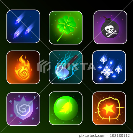 RPG game icon. Fantasy game icons of magic spells and skills. Game interface elements. Vector illustration EPS10. Skill icons 102180112