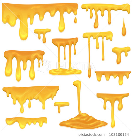 Honey flowing and dripping set. Maple syrup, caramel and sweet sugar. Realistic vector yellow sweet honey blots and splash set. 102180124