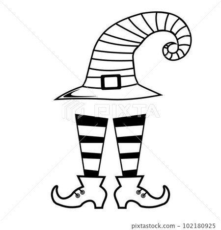 Hat and legs of a witch in stockings and boots, black outline, vector illustration in doodle style 102180925