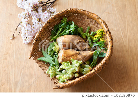 Spring vegetables in a colander 102180970