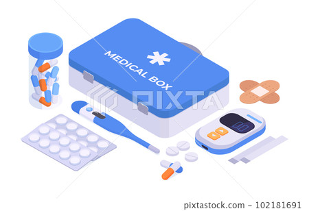 Isometric first aid kit. Health care supplies, pharmacy medicines and case. Medical pills and drugs vector illustration set Isometric first aid kit. Health care supplies, pharmacy medicines and case. Medical pills and drugs vector illustration set 102181691