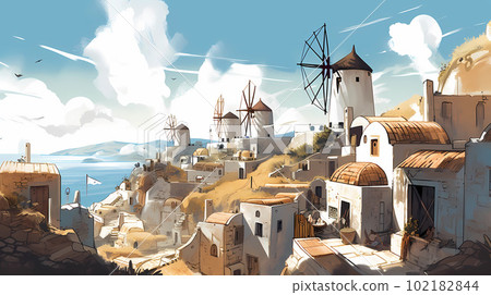 Illustration of beautiful view of Santorini, Greece 102182844