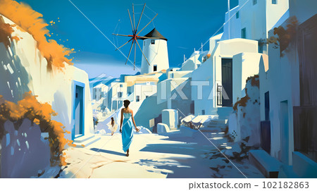 Illustration of beautiful view of Santorini, Greece Illustration of beautiful view of Santorini, Greece 102182863