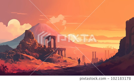 Illustration of a panoramic view of Pompeii and Mount Vesuvius, Italy 102183178