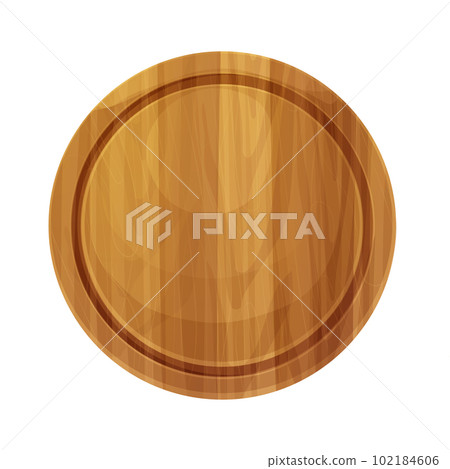 Wooden round pizza board, pate top view in cartoon style isolated on white background. Kitchen enpty cutting desk.  102184606