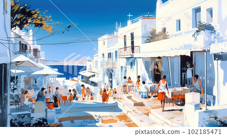 Illustration of beautiful view of Mykonos island, Greece Illustration of beautiful view of Mykonos island, Greece 102185471