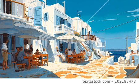 Illustration of beautiful view of Mykonos island, Greece 102185478
