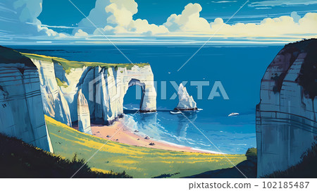 Panoramic view of the beach of Etretat in Normandy, France 102185487