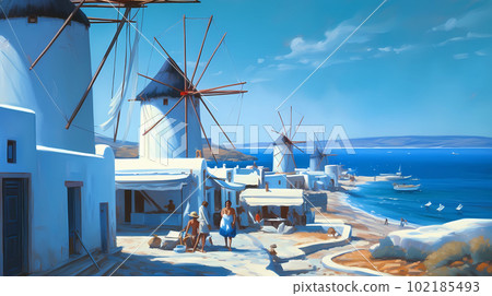 Illustration of beautiful view of Mykonos island, Greece 102185493