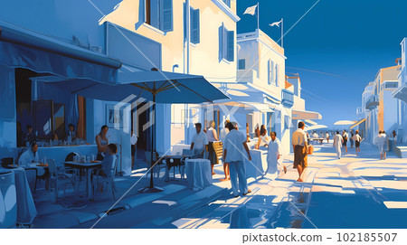 Illustration of beautiful view of Mykonos island, Greece 102185507