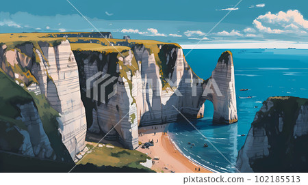 Panoramic view of the beach of Etretat in Normandy, France 102185513