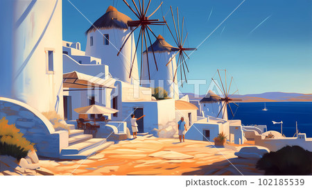 Illustration of beautiful view of Mykonos island, Greece 102185539