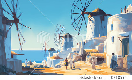 Illustration of beautiful view of Mykonos island, Greece Illustration of beautiful view of Mykonos island, Greece 102185551