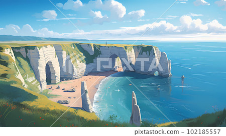 Panoramic view of the beach of Etretat in Normandy, France 102185557