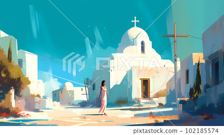 Illustration of beautiful view of Mykonos island, Greece 102185574
